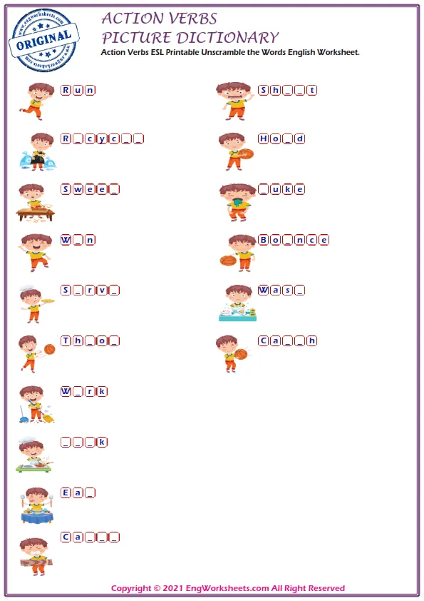 Action Verbs ESL Writing Practice Worksheet for Missing Words.