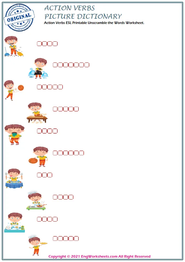 Action Verbs ESL Printable Unscramble the Words Worksheet For Kids Worksheet Preview