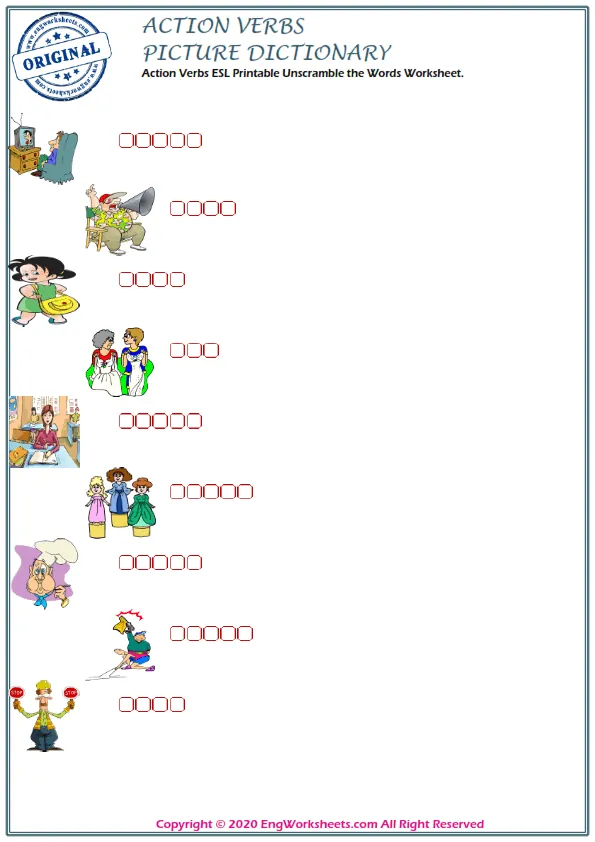 Action Verbs ESL Printable Unscramble the Words Worksheet. Worksheet Preview