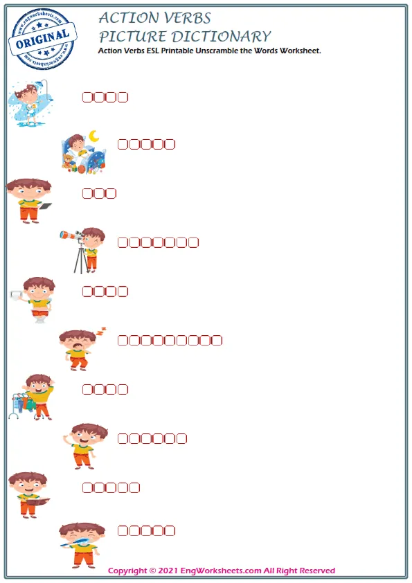 Action Verbs ESL Printable Unscramble the Words Worksheet. Worksheet Preview