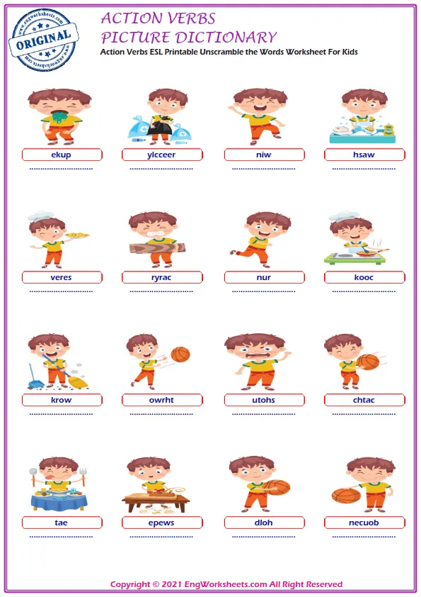Action Verbs ESL Printable Unscramble the Words Worksheet. Worksheet Preview