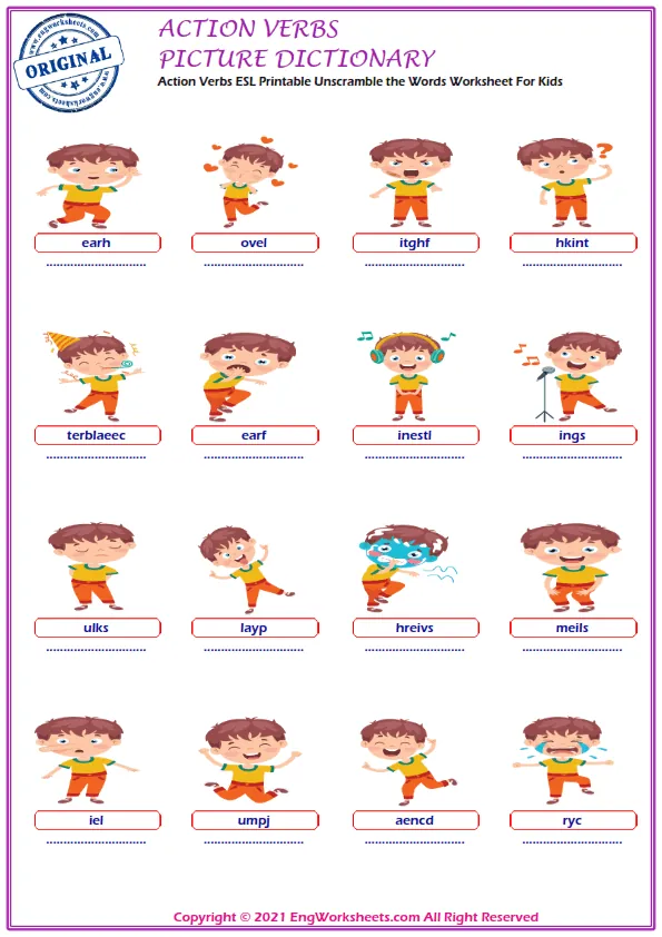 Action Verbs ESL Printable Picture Dictionary For Kids. Write the Numbers in the Word List Next to the Pictures.