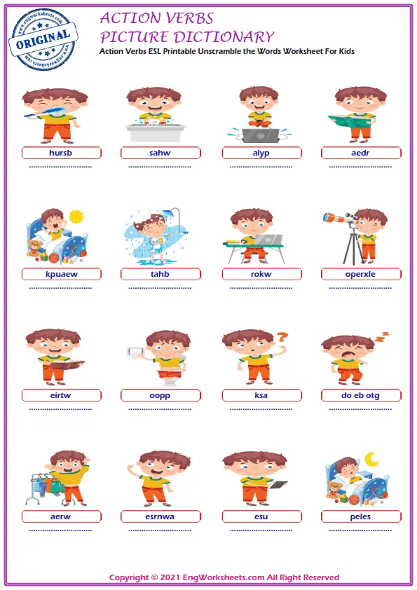 English And Your Native Language Action Verbs ESL Printable Dictionary Worksheet For Kids Worksheet Preview
