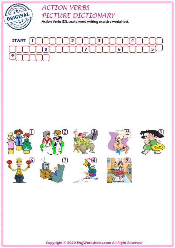 Action Verbs ESL snake word writing exercise worksheet.