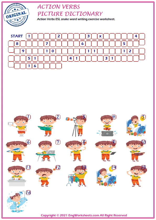 Action Verbs ESL snake word writing exercise worksheet.