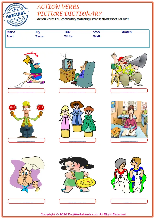 Action Verbs ESL Vocabulary Matching Exercise Worksheet For Kids Worksheet Preview