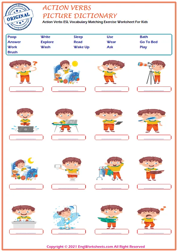 Action Verbs ESL Vocabulary Matching Exercise Worksheet For Kids Worksheet Preview