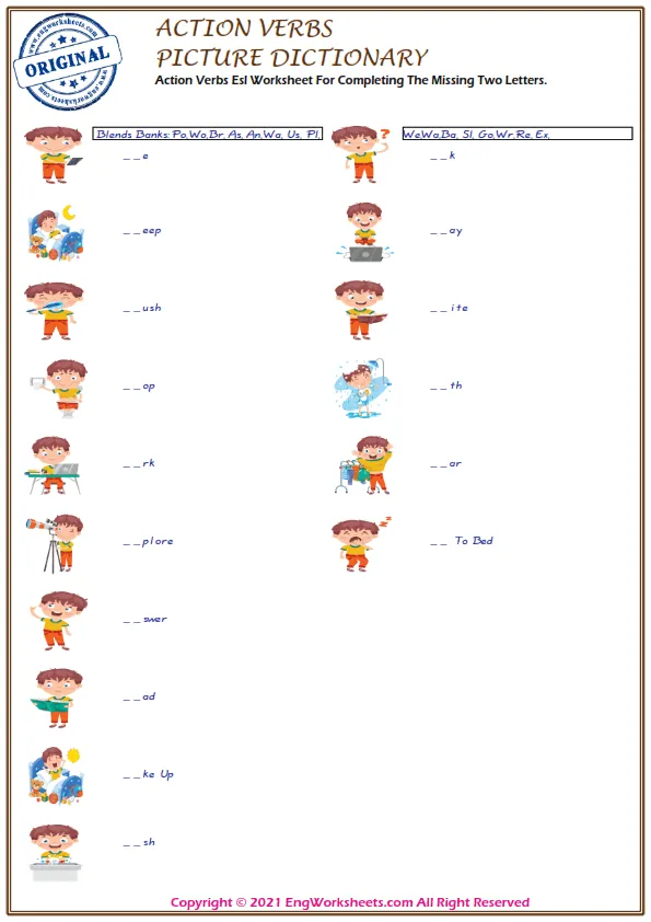 Action Verbs Esl Worksheet For Completing The Missing Two Letters.