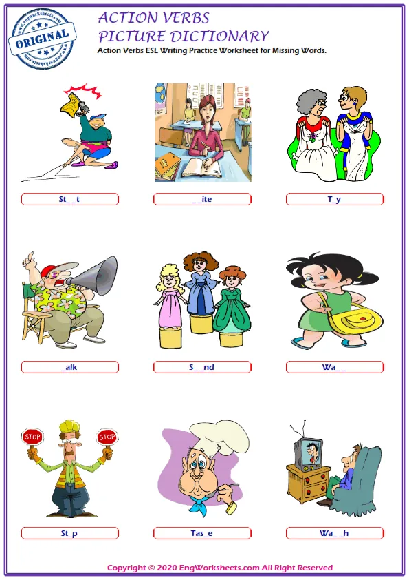 Action Verbs ESL Writing Practice Worksheet for Missing Words.