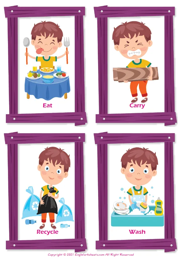 Wordless Action Verbs vocabulary worksheet with six images per page Worksheet Preview