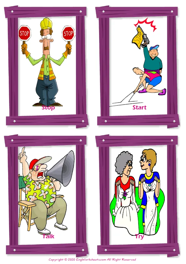 Action Verbs vocabulary worksheet with words, four images per page Worksheet Preview