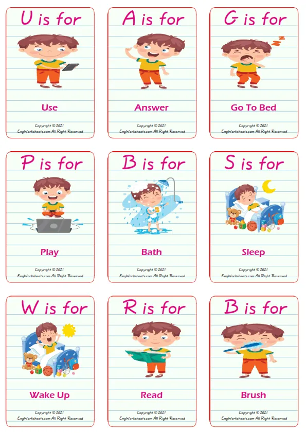 Action Verbs vocabulary worksheet with words, nine images per page