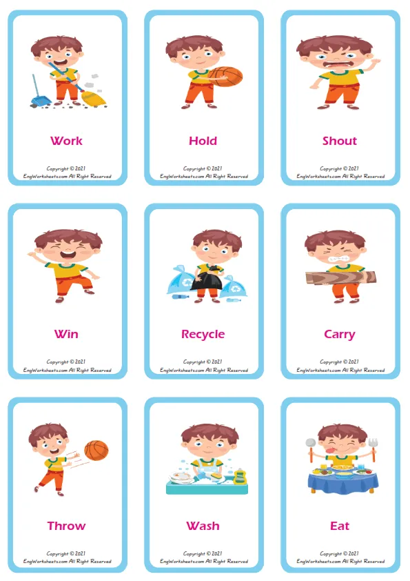 Wordless Action Verbs vocabulary worksheet with two images per page