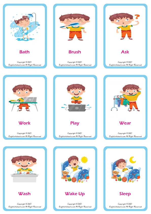Action Verbs vocabulary worksheet with words, nine images per page
