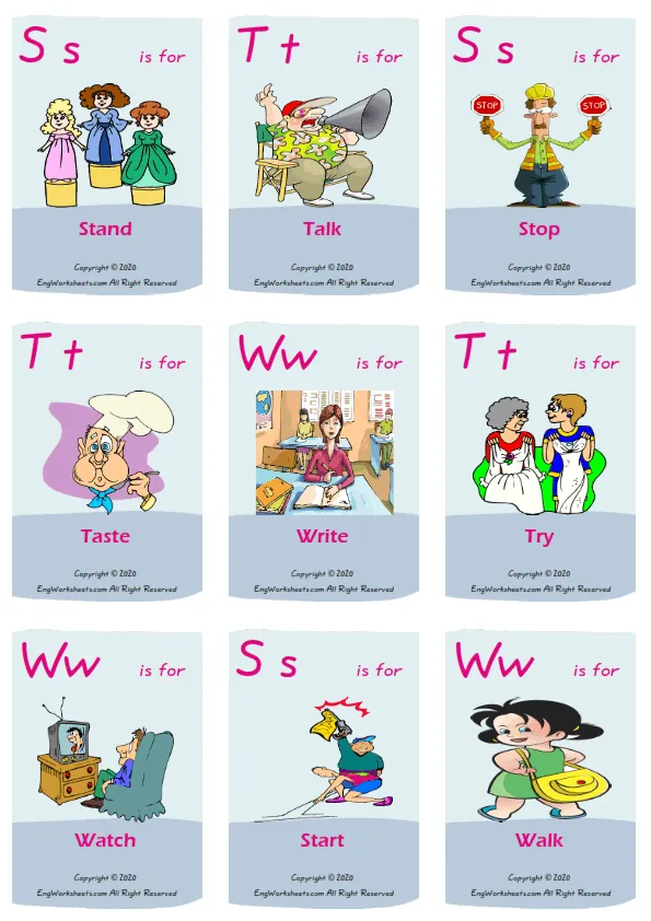 Action Verbs vocabulary worksheet with words, nine images per page