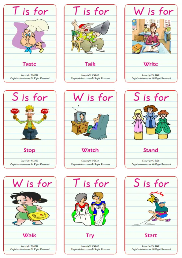 Action Verbs vocabulary worksheet with words, nine images per page