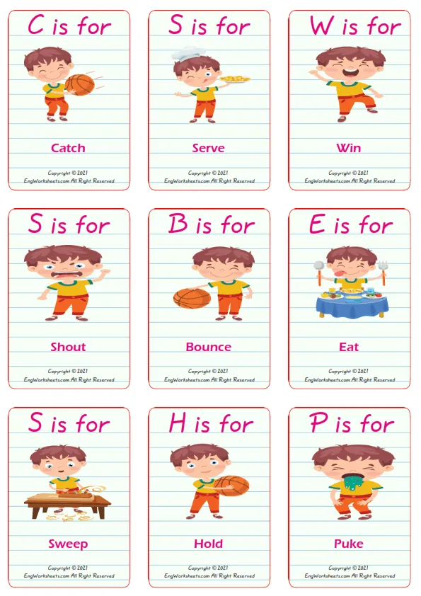 Full-page wordless Action Verbs English vocabulary worksheet