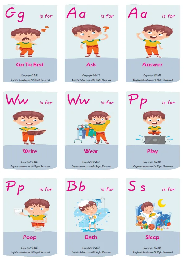 Action Verbs vocabulary worksheet with words, nine images per page