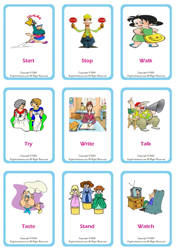 Action Verbs vocabulary worksheet with words, nine images per page