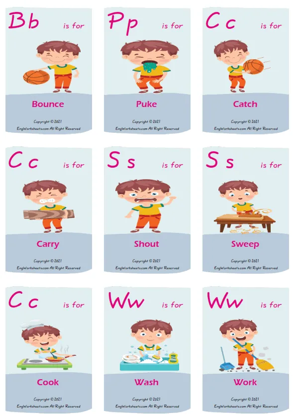 Wordless Action Verbs vocabulary worksheet with four images per page
