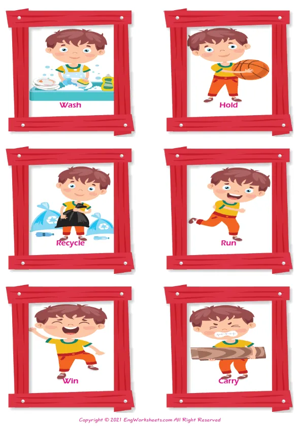 Action Verbs vocabulary worksheet with words, two images per page