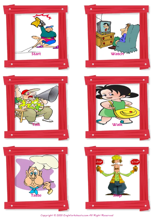 Action Verbs vocabulary worksheet with words, six images per page