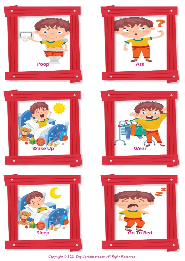 Action Verbs vocabulary worksheet with words, six images per page Worksheet Preview