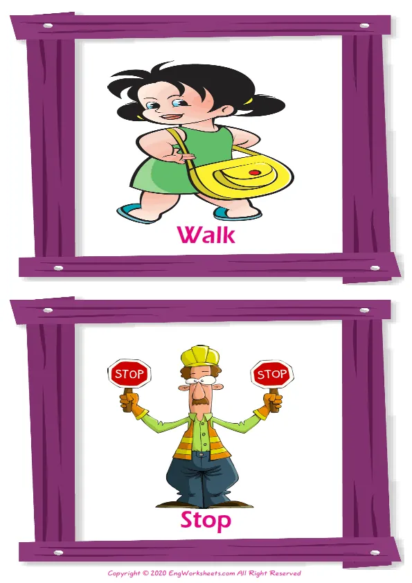 Action Verbs vocabulary worksheet with words, two images per page