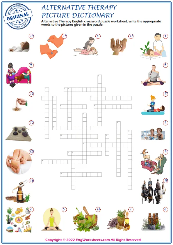 Alternative Therapy English crossword puzzle worksheet, write the appropriate words to the pictures given in the puzzle.