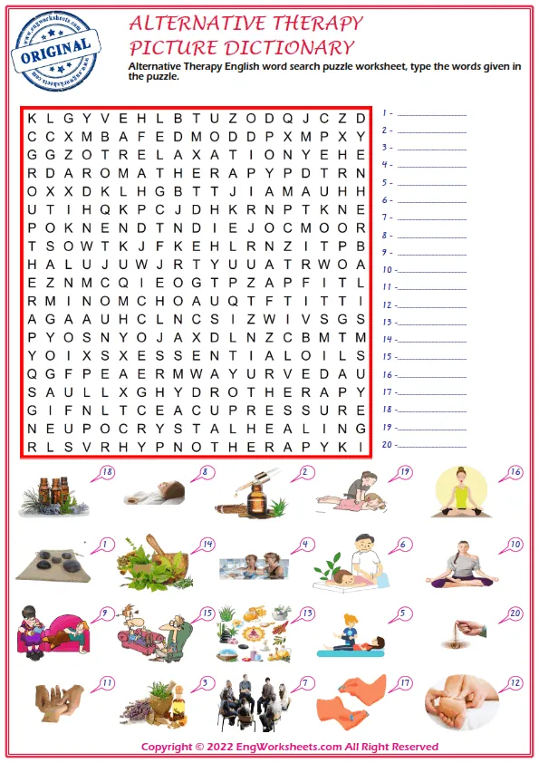 Alternative Therapy English word search puzzle worksheet, type the words given in the puzzle. Worksheet Preview