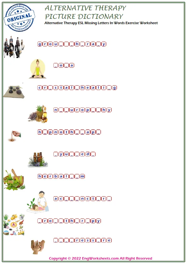 Alternative Therapy ESL Missing Letters In Words Exercise Worksheet Worksheet Preview
