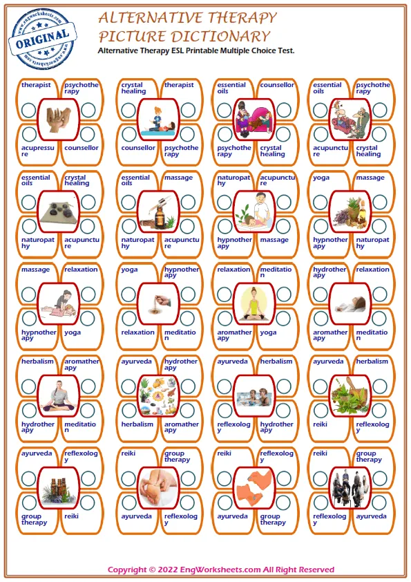 Alternative Therapy ESL Printable Multiple Choice Test. Worksheet Preview