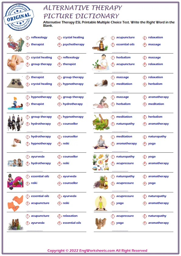 Alternative Therapy ESL Printable Multiple Choice Test. Write the Right Word in the Blank. Worksheet Preview