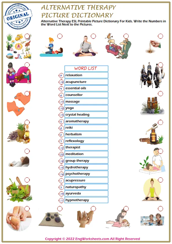 Alternative Therapy ESL Printable Picture Dictionary For Kids. Write the Numbers in the Word List Next to the Pictures.