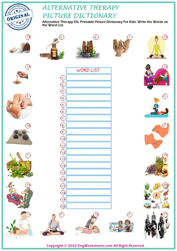 Alternative Therapy ESL Printable Picture Dictionary For Kids. Write the Words on the Word List.