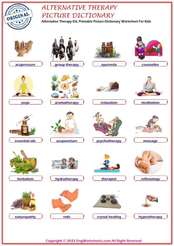 Alternative Therapy ESL Printable Picture Dictionary Worksheet For Kids Worksheet Preview