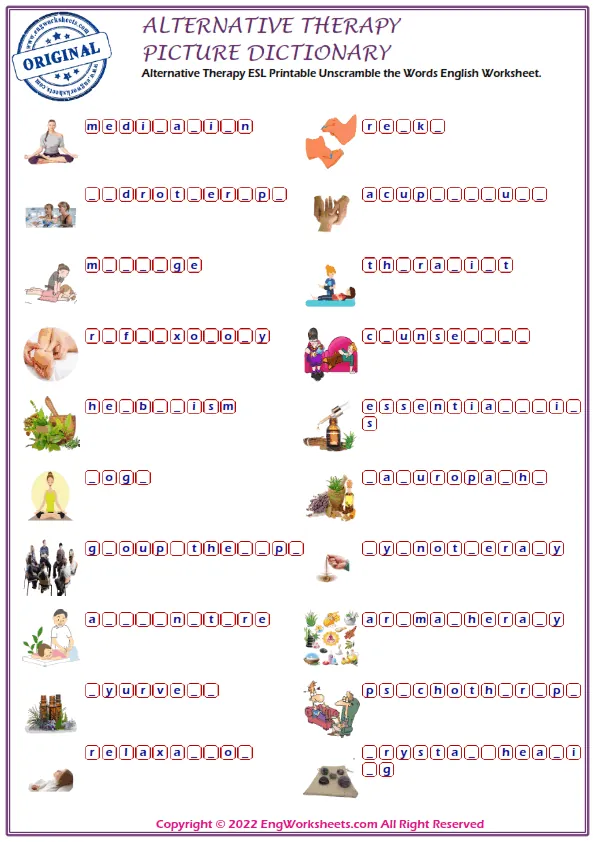 Alternative Therapy ESL Printable Unscramble the Words English Worksheet. Worksheet Preview