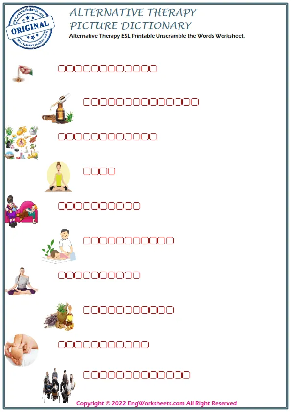 Alternative Therapy ESL Printable Unscramble the Words Worksheet. Worksheet Preview