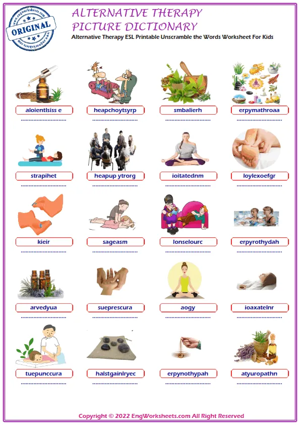 Alternative Therapy ESL Printable Unscramble the Words Worksheet For Kids Worksheet Preview