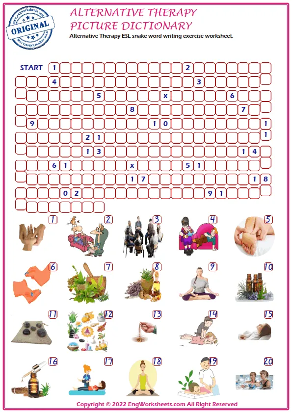 Alternative Therapy ESL snake word writing exercise worksheet. Worksheet Preview