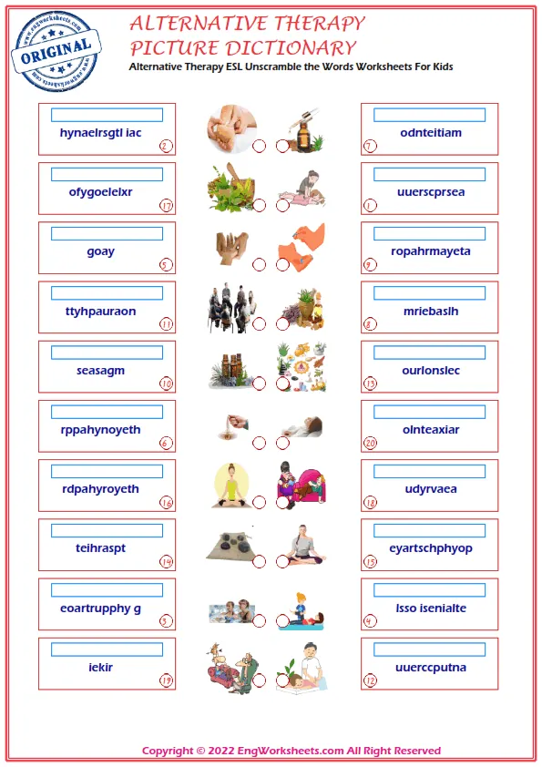 Alternative Therapy ESL Unscramble the Words Worksheets For Kids Worksheet Preview