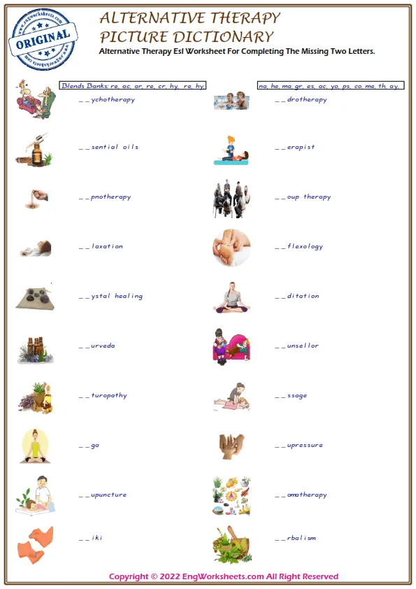 Alternative Therapy Esl Worksheet For Completing The Missing Two Letters. Worksheet Preview