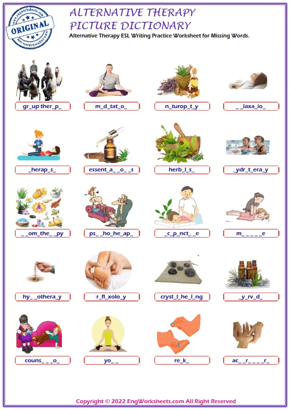 Alternative Therapy ESL Writing Practice Worksheet for Missing Words. Worksheet Preview