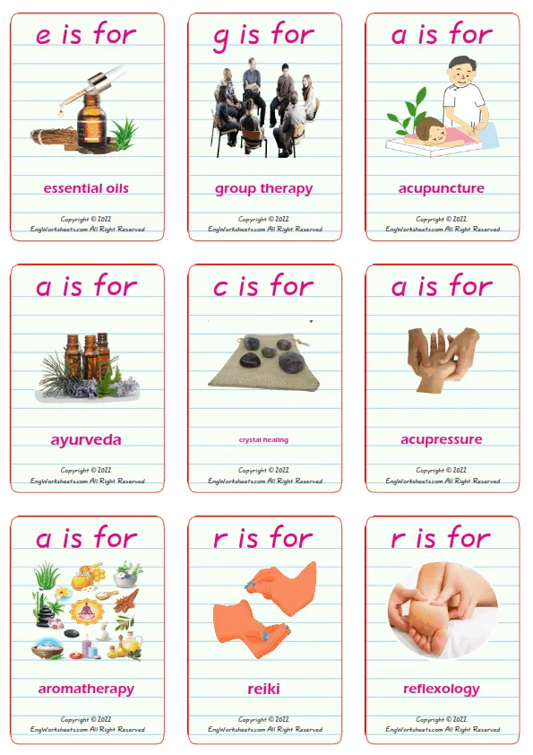 Alternative Therapy vocabulary worksheet with words, nine images per page