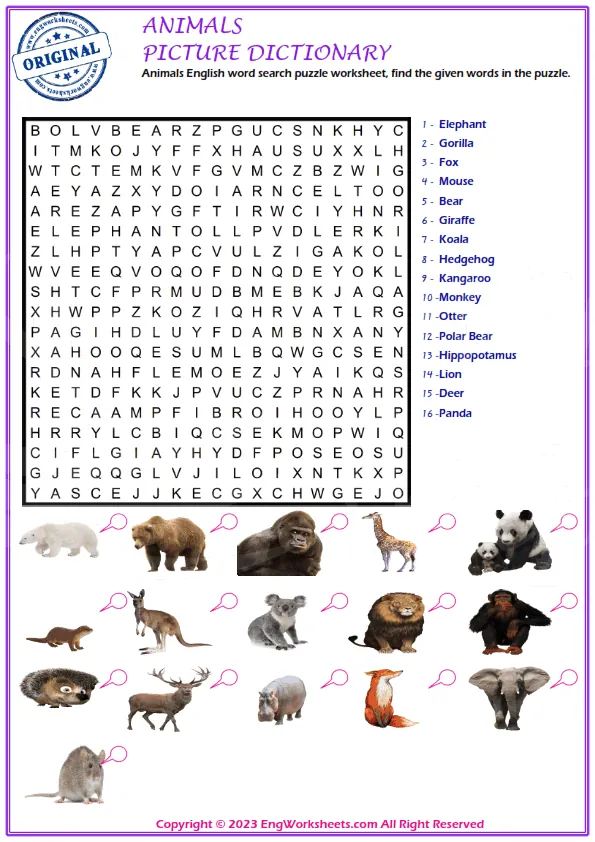 Animals English word search puzzle worksheet, find the given words in the puzzle. Worksheet Preview