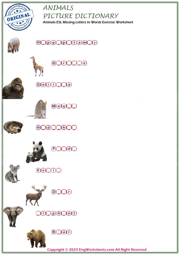 Animals ESL Missing Letters In Words Exercise Worksheet Worksheet Preview
