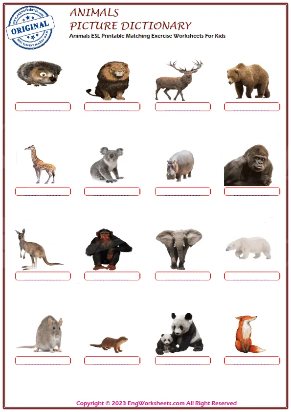 Animals ESL Printable Matching Exercise Worksheets For Kids Worksheet Preview