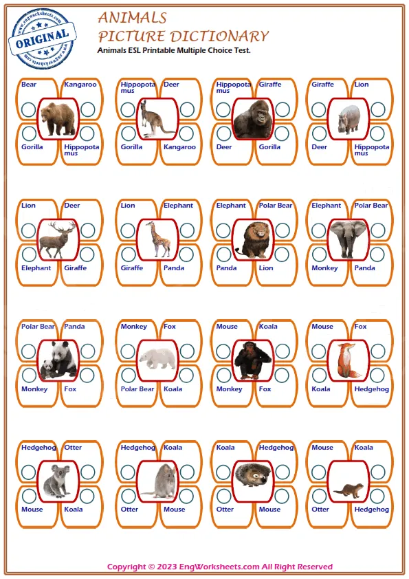 Animals ESL Printable Multiple Choice Test.