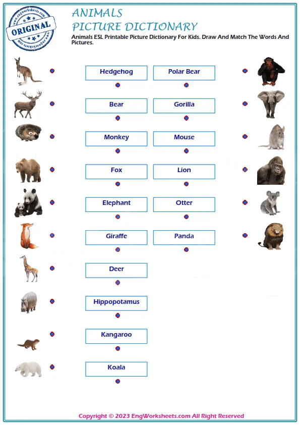 Animals ESL Printable Picture Dictionary For Kids. Draw And Match The Words And Pictures. Worksheet Preview