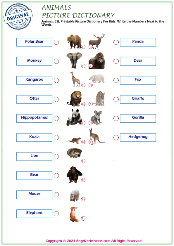 Animals ESL Printable Picture Dictionary For Kids. Write the Numbers Next to the Words. Worksheet Preview
